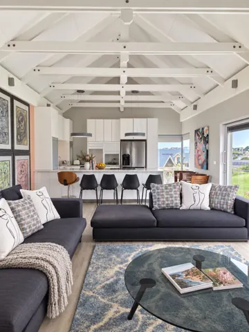 Moxie House — Upstairs lounge, second kitchen and views towards Kingswood fairways