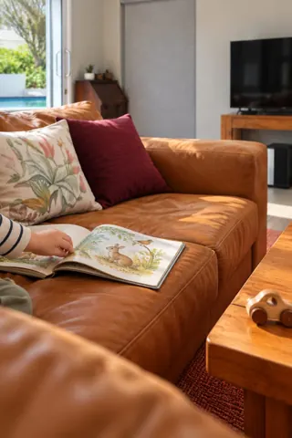 Moxie House — Family reading time in the leather lounge