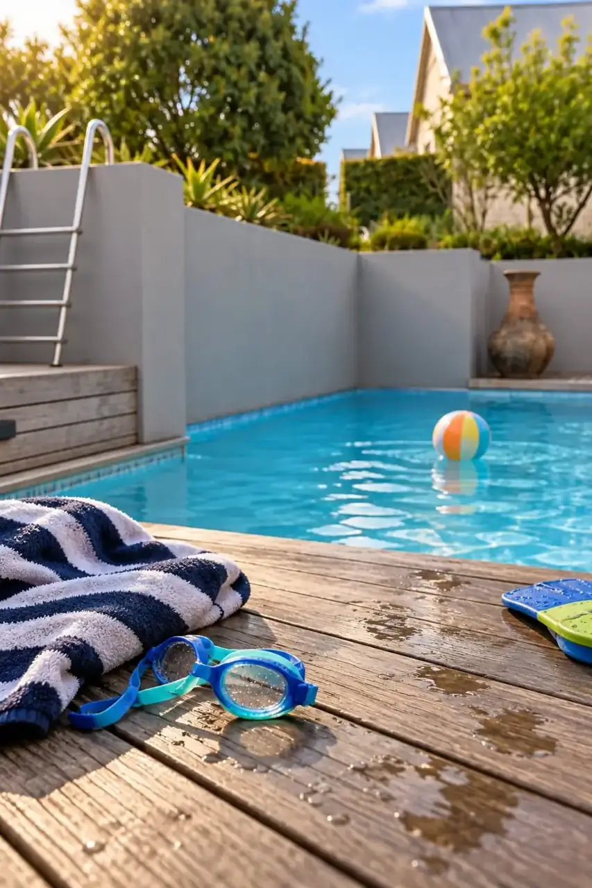 Moxie House swimming pool with beach ball and goggles with white beams, leather sofas and pool access