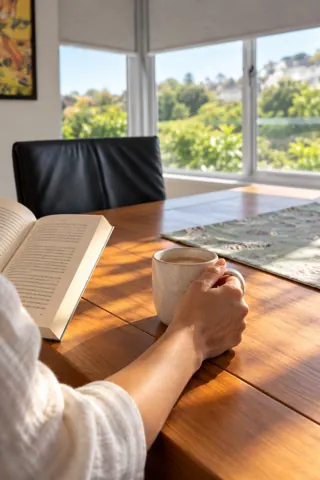 Moxie House — Coffee and a book at the dining table