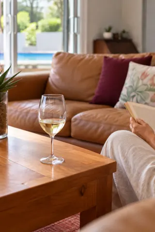 Moxie House — Leather lounge and timber coffee table