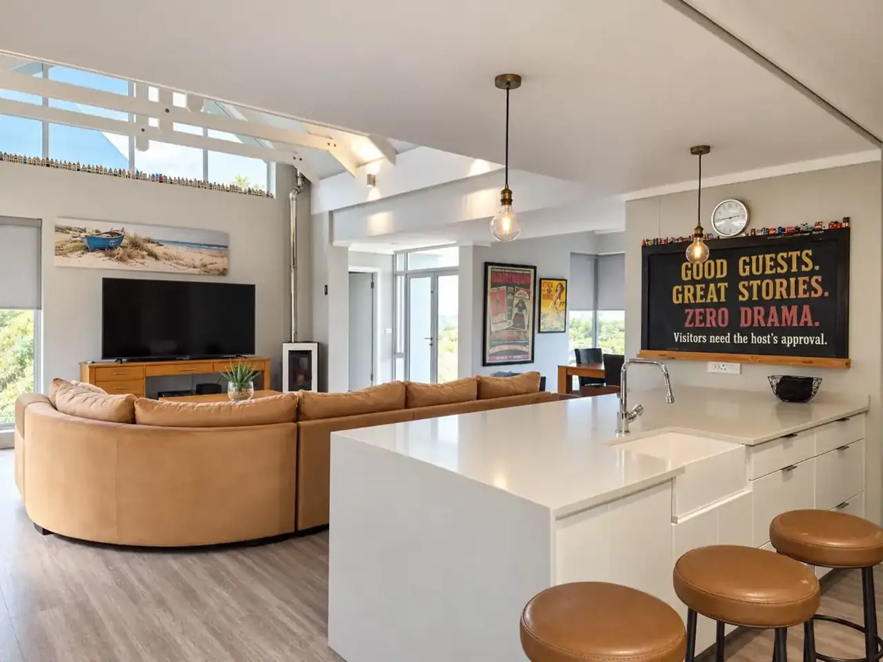Moxie House — Downstairs kitchen and leather lounge